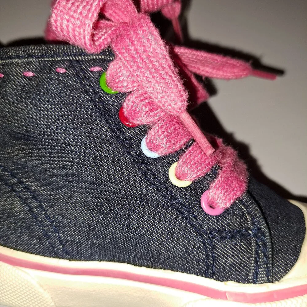 Baby Gap Infant Blue Denim High-Top with Pink Heart Embroidery Shoes-Sneakers
